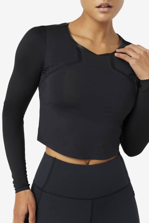 Fila Uplift Long Sleeve Crop Tops Ženske Črna | Fila769FS